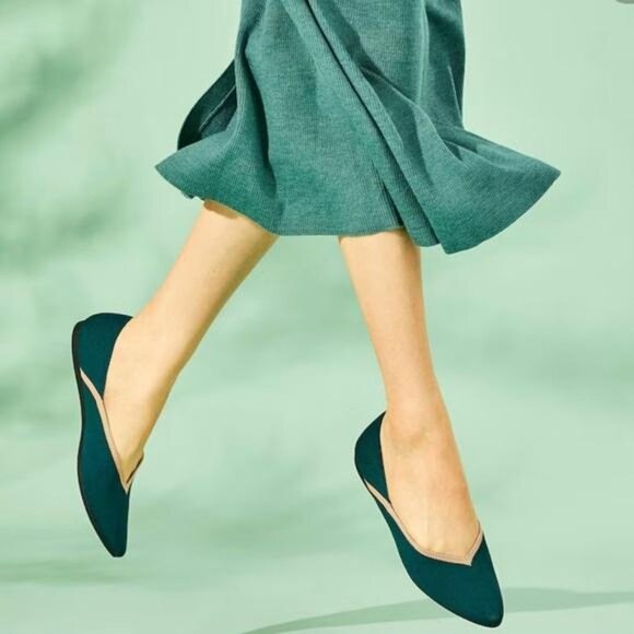 Vivaia Pointed-Toe V-Cut Flats in Deep Peacock - Euro Size 41 - Picture 2 of 11